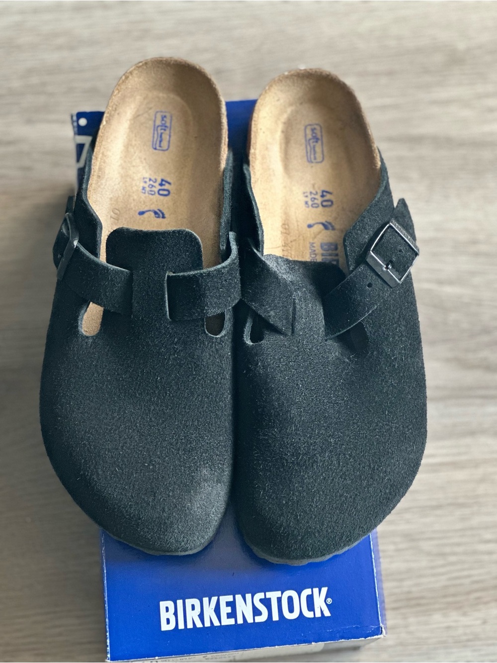 Birkenstock Black Suede Boston Clogs with Adjustable Buckle